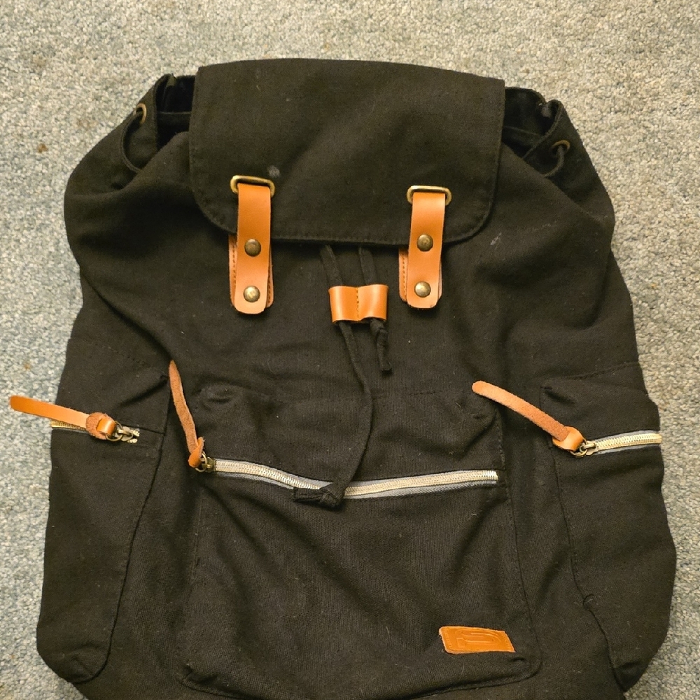 Classic Black Canvas Backpack with Tan Accents